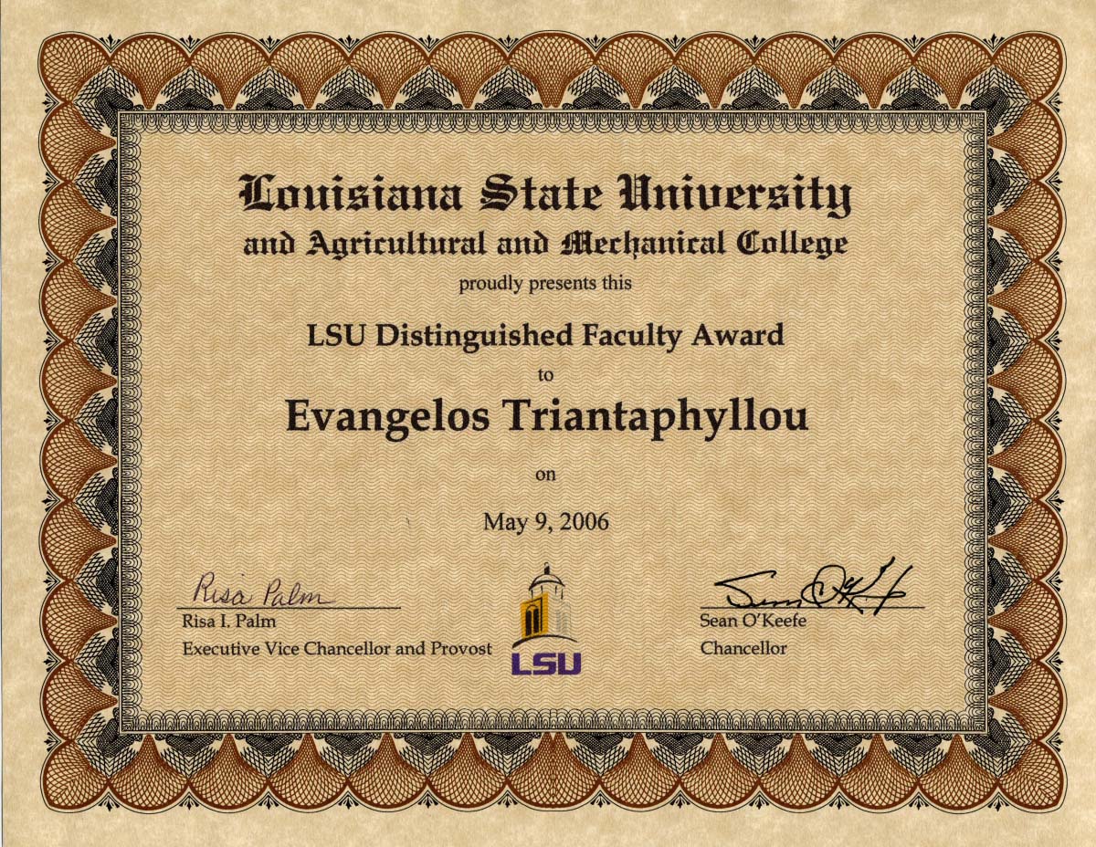 LSU 2006 Distinguished Professor Award for E. Triantaphyllou, May 2006